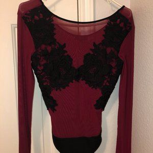 Red Bodysuit W/ Black Flowers - Small